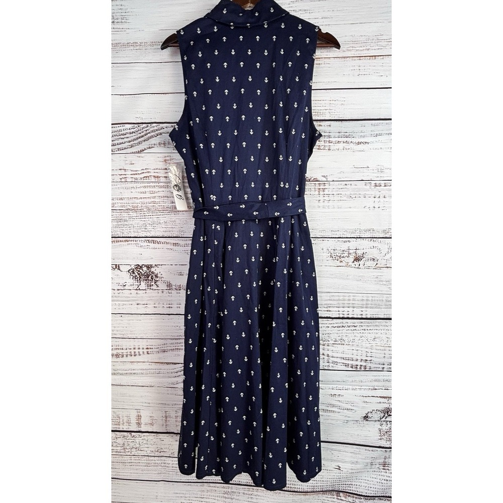 Nautical Sleeveless Shirt Dress 12 Nautical Anchor Print Cotton Midi Navy Blue - Picture 3 of 9